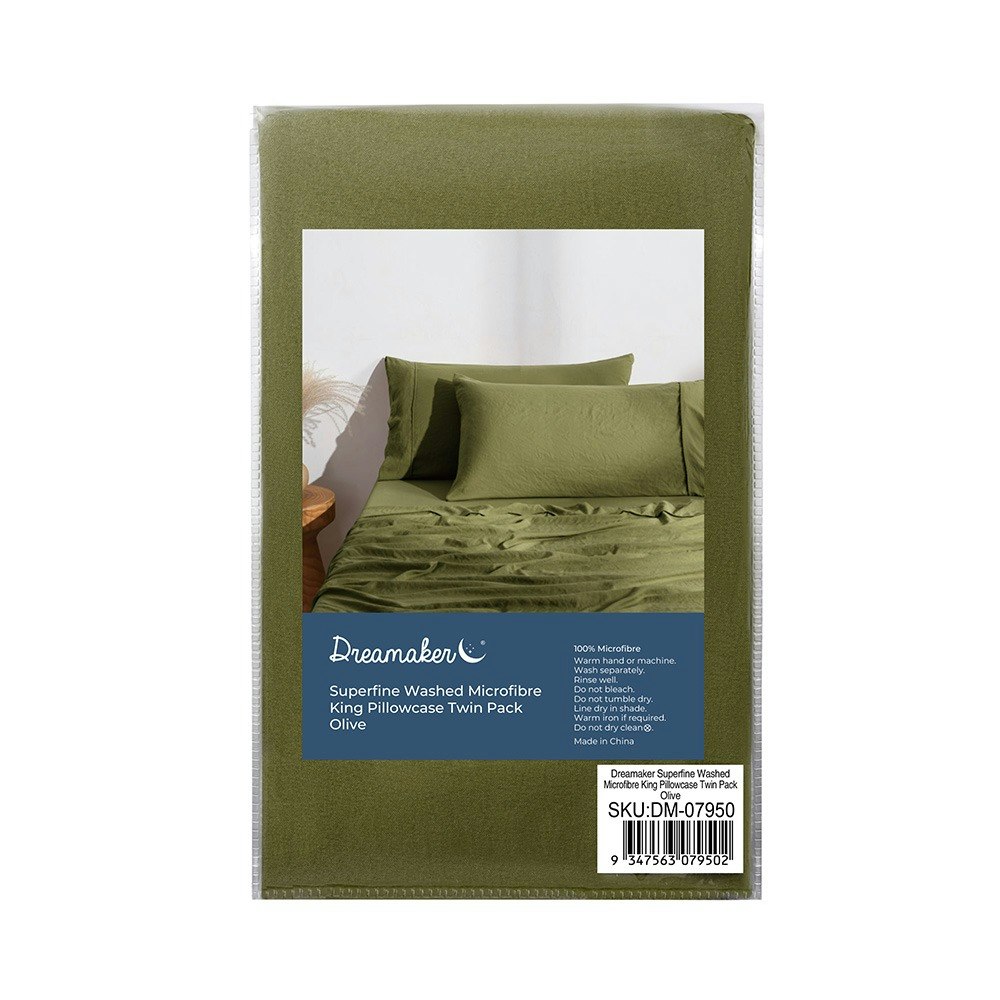 Dreamaker Superfine Washed Microfibre King Pillowcase Twin Pack Olive