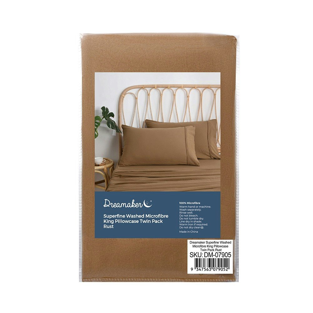 Dreamaker Superfine Washed Microfibre King Pillowcase Twin Pack Rust