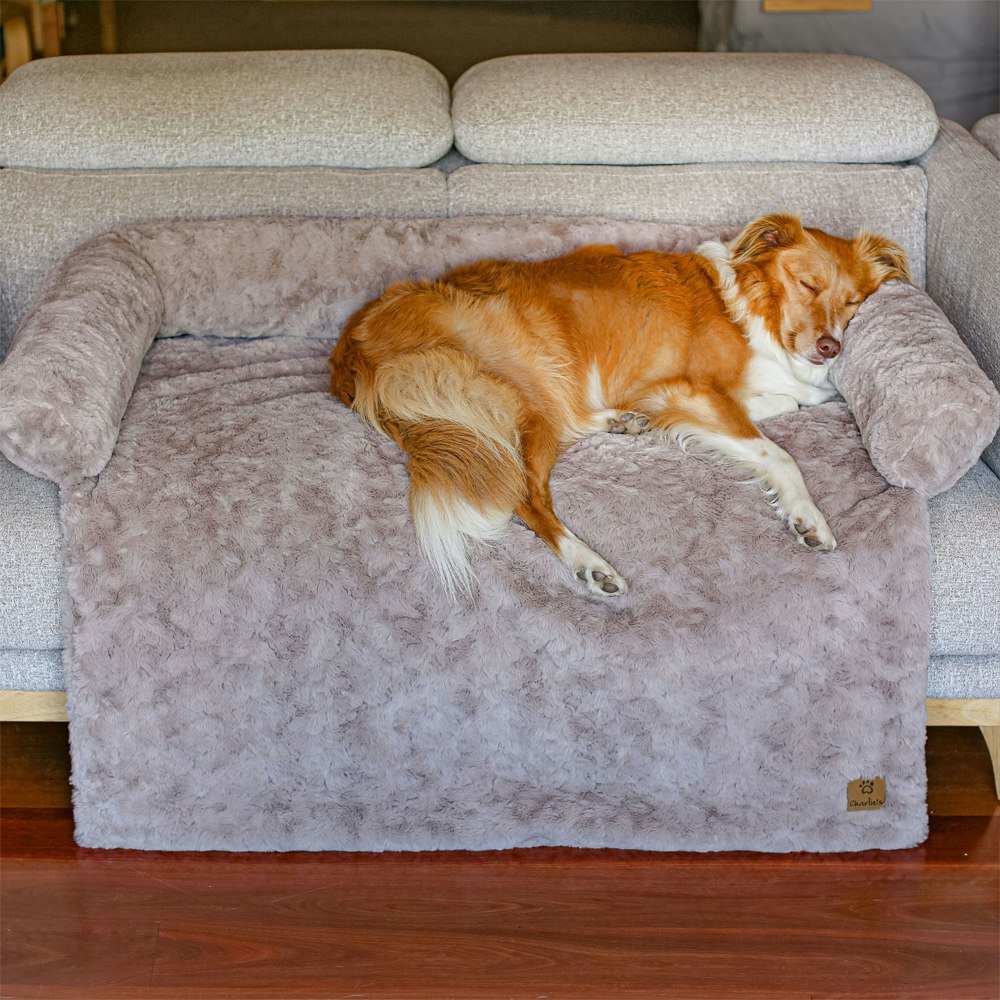 Charlie's VIP Lush Faux Fur Bolster Sofa Protector Calming Dog Bed Natural