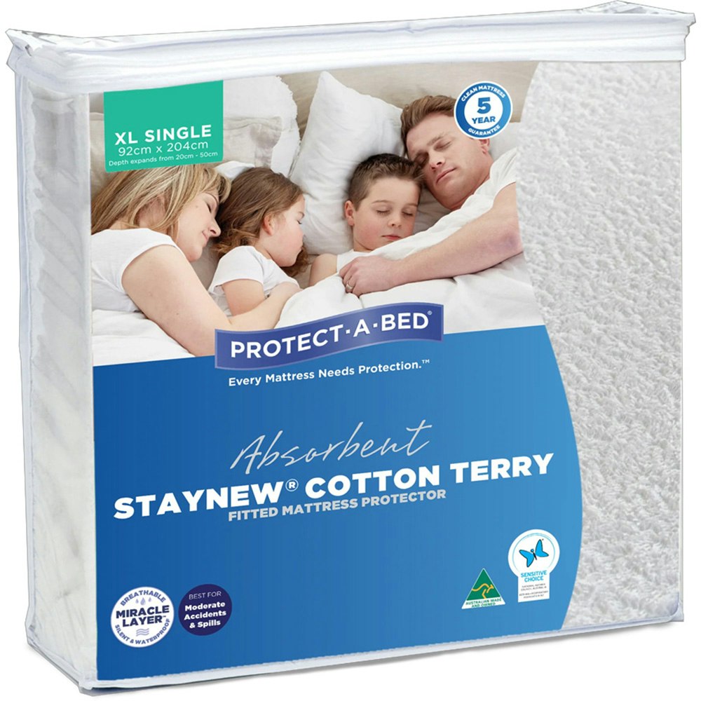 Protect-A-Bed Absorbent Cotton Terry Staynew Fitted Waterproof Mattress Protector XL Single
