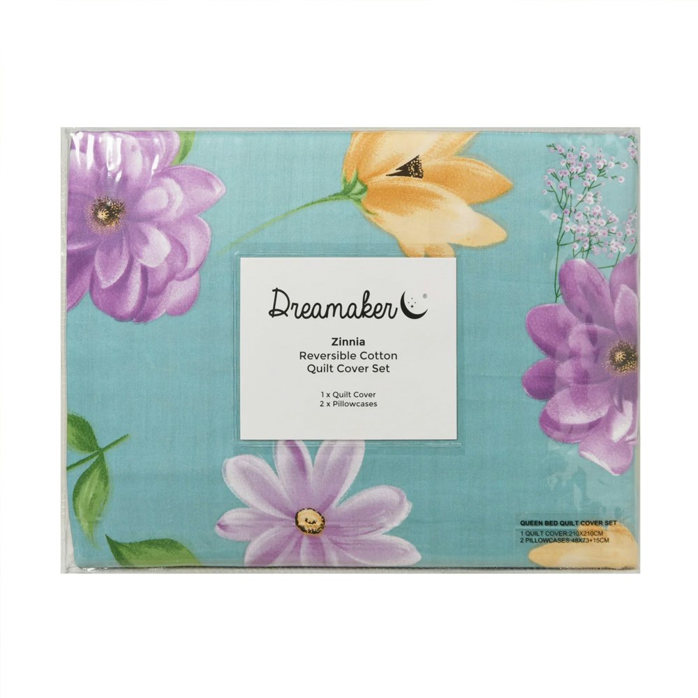 Dreamaker Zinnia 100% Cotton Reversible Quilt Cover Set